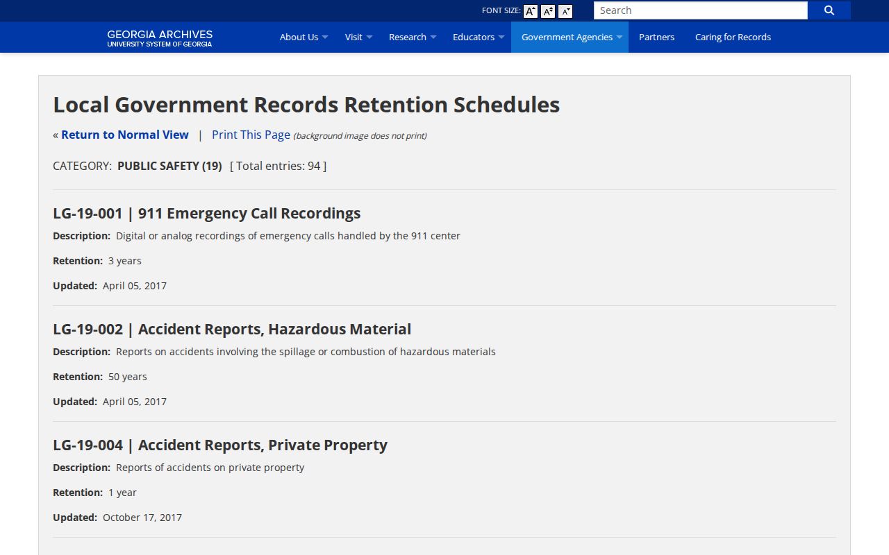 Georgia Archives retention schedule for Lanier County jail booking records