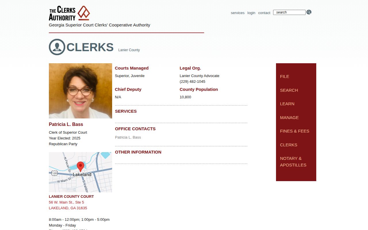 Lanier County court clerk and disposition-record access for booking follow-up