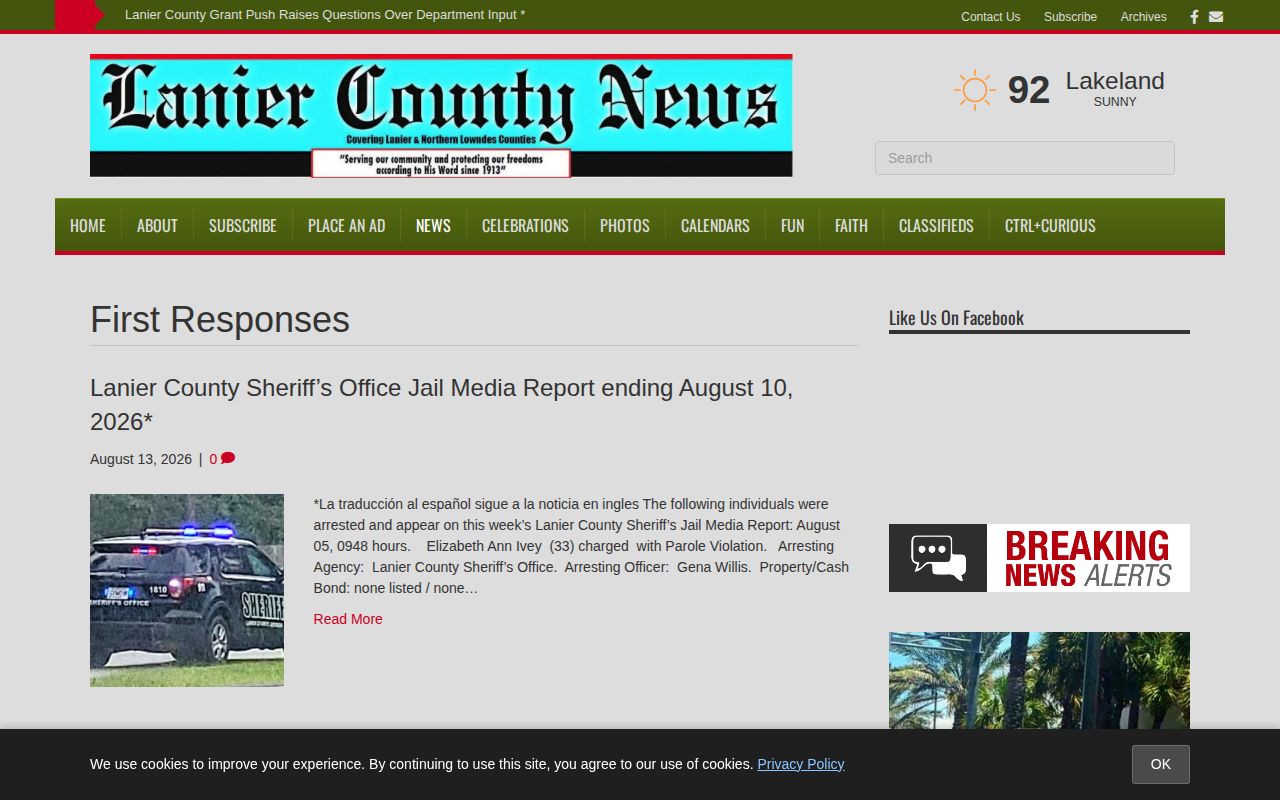 Lanier County News First Responses crime coverage for local arrest records