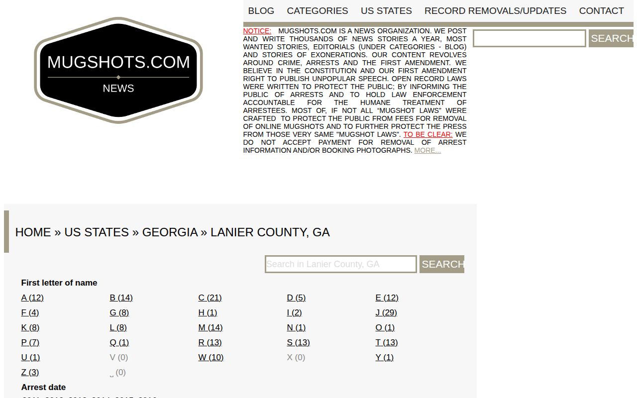 Mugshots.com archival Lanier County arrest-record page, unofficial source