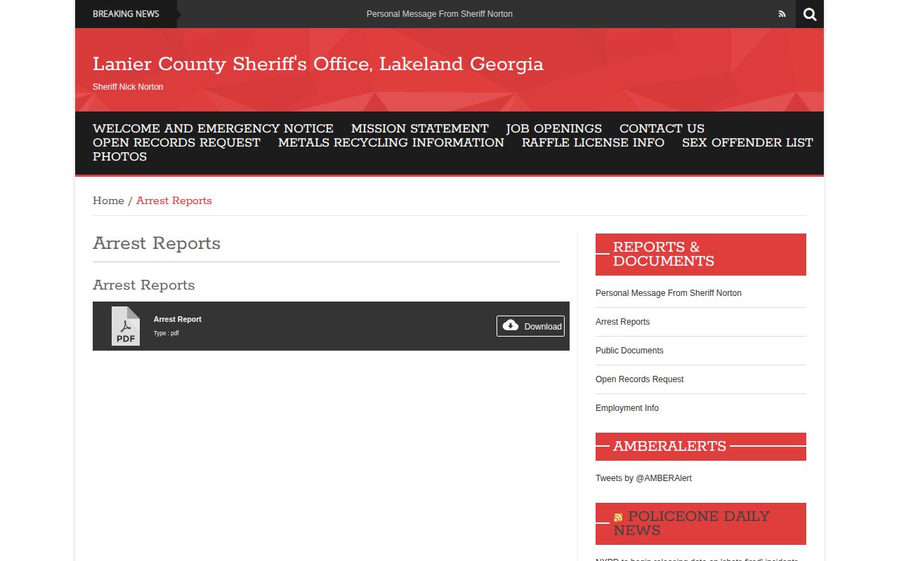 Lanier County Jail weekly booking and released arrest report access
