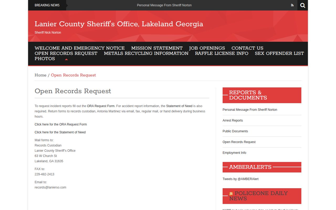 Lanier County Sheriff's Office booking and arrest-record request page